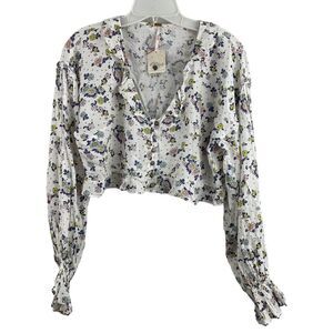 Free People Crop Top Secret Garden Sz S Smocked Ivory Combo V-Neck Boho Festival